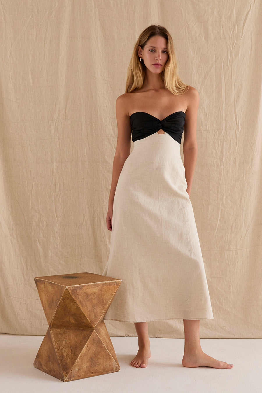 Emery Colorblock Front Twist Linen Midi Dress