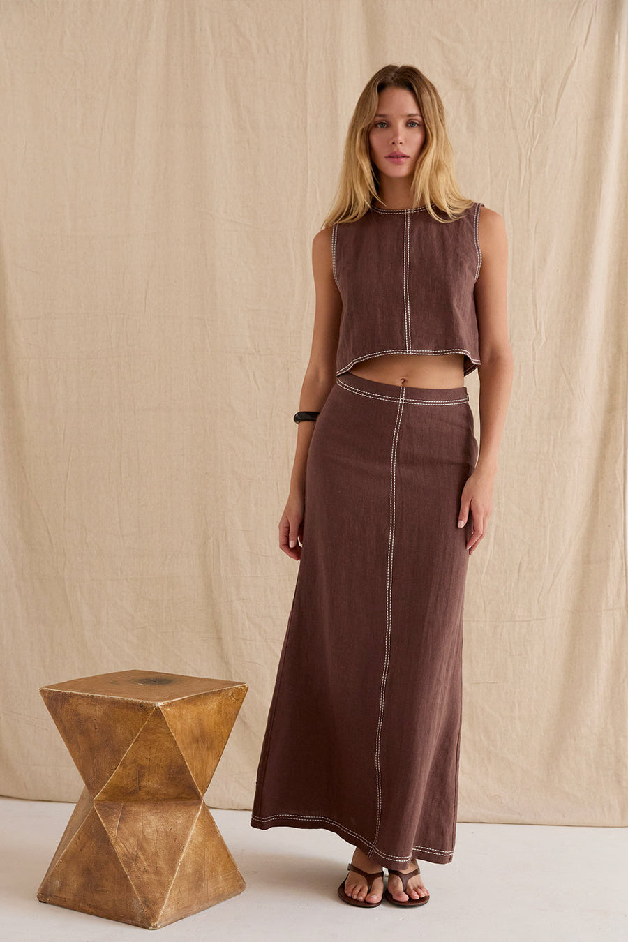 Kenzy Contrast Stitch Linen Maxi Skirt